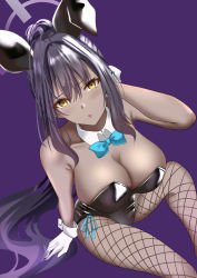 Rule 34 | 1girl, animal ears, arm support, bare shoulders, black hair, black leotard, blue archive, blue bow, bow, bowtie, breasts, cleavage, cowboy shot, dark-skinned female, dark skin, detached collar, earrings, fake animal ears, fishnet pantyhose, fishnets, gloves, high ponytail, highleg, highleg leotard, highres, jewelry, karin (blue archive), karin (bunny) (blue archive), large breasts, leotard, long hair, looking at viewer, official alternate costume, pantyhose, playboy bunny, purple background, rabbit ears, rabbit tail, shiny clothes, shiny skin, sidelocks, sitting, solo, tail, traditional bowtie, very long hair, white background, white gloves, wide hips, wrist cuffs, yellow eyes, yoru (77957792)