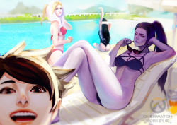 Rule 34 | 4girls, :d, abig33, absurdres, alternate costume, arm behind head, arm up, armpits, artist name, ass, beach umbrella, bikini, black bikini, black hair, blonde hair, blue eyes, blurry, breasts, brown eyes, brown hair, casual one-piece swimsuit, chair, closed mouth, colored skin, copyright name, cross-laced clothes, crossed legs, cup, d.va (overwatch), day, depth of field, drink, drinking glass, expressionless, unworn eyewear, fence, from behind, from side, glasses, grass, hair slicked back, hand on own head, hand up, happy, high ponytail, highleg, highleg swimsuit, highres, holding, holding removed eyewear, holding own arm, knees up, leaning back, legs, lips, logo, long hair, looking at viewer, looking back, lounge chair, medium breasts, mercy (overwatch), mountain, multiple girls, navel, o-ring, o-ring bikini, o-ring top, one-piece swimsuit, open mouth, overwatch, overwatch 1, parted lips, pharah (overwatch), photobomb, ponytail, pool, poolside, purple bikini, purple hair, purple skin, red bikini, shade, shadow, short hair, sitting, sky, smile, soaking feet, spiked hair, standing, stretching, sunglasses, swept bangs, swimsuit, table, teeth, thong, towel, towel on head, tracer (overwatch), umbrella, water, white towel, widowmaker (overwatch), yellow eyes