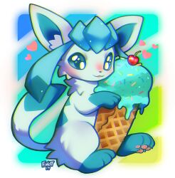 Rule 34 | animal focus, blue eyes, blue hair, blush, cherry, creatures (company), dated, food, foxlett, fruit, game freak, gen 4 pokemon, glaceon, heart, ice cream, nintendo, no humans, pawpads, pokemon, pokemon (creature), sidelocks, signature, smile, tongue, tongue out