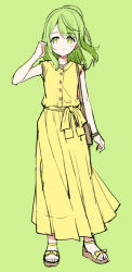 Rule 34 | 1girl, bag, bare arms, blush, bow, brown footwear, closed mouth, collarbone, dress, full body, green background, green eyes, green hair, hand up, light smile, looking at viewer, meito (maze), morinaka kazaki, nijisanji, pleated dress, sandals, shoulder bag, simple background, sleeveless, sleeveless dress, solo, standing, virtual youtuber, yellow bow, yellow dress
