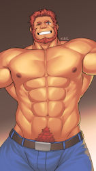 Rule 34 | 1boy, abs, bara, bare pectorals, beard, belt, bulge, denim, dobito mn, facial hair, fate/grand order, fate/zero, fate (series), gradient background, incoming hug, iskandar (fate), jeans, large pectorals, male focus, muscular, navel, navel hair, nipples, one eye closed, pants, pectorals, red eyes, red hair, short hair, smile, solo, topless male