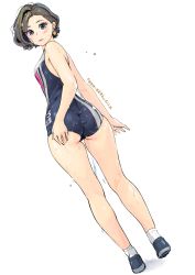 Rule 34 | 1girl, ass, blush, carina (xiaowoo), competition swimsuit, earrings, highres, jewelry, kishi mieko, legs, lips, one-piece swimsuit, original, short hair, swimsuit