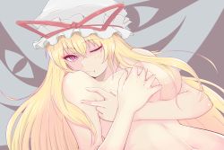 Rule 34 | 1girl, blonde hair, blush, grabbing another&#039;s breast, breast hold, breasts, colored eyelashes, cube85, embarrassed, eyes visible through hair, gap (touhou), grabbing, hat, hat ribbon, large breasts, long hair, looking to the side, mob cap, navel, one eye closed, pink eyes, playboy, ribbon, shiny skin, solo, stomach, touhou, upper body, yakumo yukari