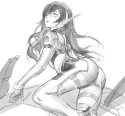 Rule 34 | 1girl, absurdres, ass, bad id, bad pixiv id, bodysuit, d.va (overwatch), facial mark, from behind, gloves, greyscale, hair over one eye, headphones, highres, long hair, looking at viewer, looking back, mecha, meka (overwatch), messikid, monochrome, overwatch, overwatch 1, parted lips, pilot suit, robot, simple background, sketch, skin tight, solo, swept bangs, whisker markings, white background