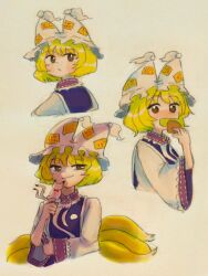 Rule 34 | 1girl, :/, animal ears, blonde hair, blue tabard, blush, brown eyes, closed mouth, cropped torso, eating, food, fox ears, fox tail, half-closed eyes, hand up, hat, holding, holding food, long sleeves, looking at viewer, looking back, mob cap, multiple tails, multiple views, open mouth, short hair, simple background, smirk, tabard, tail, tassel, touhou, traditional media, uni9 ayako, upper body, white background, wide sleeves, yakumo ran