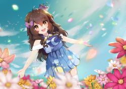 Rule 34 | :d, ahoge, antennae, bad id, bad twitter id, blob, blue dress, blue sky, blush, bow, brown eyes, brown hair, centi (nimu), choker, cloud print, commentary, crescent print, dress, drill hair, drill sidelocks, falling petals, field, flower, flower field, freckles, gradient dress, hair bow, happy, indie virtual youtuber, long hair, mimibits, nimu (vtuber), off shoulder, open mouth, outdoors, outstretched arms, petals, pinafore dress, pink flower, pleated dress, purple bow, purple dress, raised eyebrows, ribbon choker, shirt, sidelocks, signature, skindentation, sky, sleeveless, sleeveless dress, smile, spanish commentary, sun print, suspenders, thighhighs, virtual youtuber, wavy hair, white flower, white shirt, white thighhighs, yellow flower, zettai ryouiki