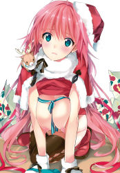 Rule 34 | 1girl, ahoge, all fours, argyle, argyle clothes, argyle legwear, black bow, blue eyes, blush, boots, bow, braid, breasts, breasts out, breasts squeezed together, capelet, closed mouth, clothes lift, convenient censoring, frown, full body, fur collar, fur gloves, gloves, green ribbon, groin, hanging breasts, hat, head tilt, heart, heart print, highres, knee boots, large breasts, long hair, looking at viewer, nipples, non-web source, pink hair, red footwear, red hat, reindeer, ribbon, santa hat, scan, solo, stuffed animal, stuffed toy, taira tsukune, tareme, thighhighs, twin braids, very long hair, white gloves