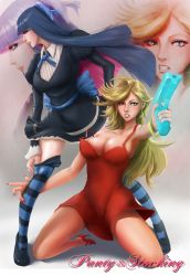 Rule 34 | 10s, 2girls, back lace, blonde hair, blue eyes, blue ribbon, breasts, cleavage, dress, green eyes, gun, hair ribbon, highres, large breasts, long hair, multicolored hair, multiple girls, nail polish, panty &amp; stocking with garterbelt, panty (psg), profile, red dress, ribbon, rovin, stocking (psg), striped clothes, striped legwear, striped thighhighs, thighhighs, two-tone hair, weapon, zoom layer