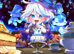 Rule 34 | 1girl, absurdres, asymmetrical gloves, black background, black gloves, blue hair, cake, calpis118, character request, cup, drop-shaped pupils, food, furina (genshin impact), genshin impact, gentilhomme usher, gloves, hat, heterochromia, highres, long sleeves, mismatched gloves, mismatched pupils, multicolored hair, open mouth, streaked hair, surintendante chevalmarin, symbol-shaped pupils, teacup, teapot, teeth, top hat, upper body, upper teeth only, white gloves, white hair