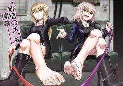 Rule 34 | 2girls, artoria pendragon (all), artoria pendragon (fate), barefoot, blonde hair, boots, dress, fate/grand order, fate (series), feet, femdom, foot focus, highres, jacket, jeanne d&#039;arc alter (fate), jeanne d&#039;arc (fate), jeanne d&#039;arc (ruler) (fate), jewelry, leash, crossed legs, long hair, looking at viewer, multiple girls, necklace, open mouth, pink hair, saber (fate), saber alter, shoes, unworn shoes, single shoe, sitting, skirt, toes, translation request, yellow eyes, yuzu gin (pika97)