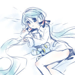 Rule 34 | 1girl, :o, alternate costume, bare legs, bed sheet, blue eyes, blue skirt, blue theme, blush, bottomless, bow, character doll, crossover, hair between eyes, hair bow, hatsune miku, long hair, long sleeves, low twintails, lying, monochrome, on side, open mouth, pleated skirt, rkp, sketch, skirt, solo, soundwave (transformers), transformers, transformers animated, twintails, very long hair, vocaloid