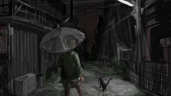 Rule 34 | 1girl, animal, black cat, cat, city, commentary request, diva (hyxpk), following, from behind, green jacket, highres, jacket, lamppost, night, original, rain, short hair, shorts, umbrella