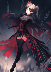 Rule 34 | 1girl, adapted costume, black background, black footwear, black gloves, black hair, black thighhighs, breasts, closed mouth, cross-laced clothes, dress, eyebrows, fate/stay night, fate (series), full body, garter straps, gloves, hair ribbon, hiroshiko (restart), lace, lace-trimmed legwear, lace trim, light smile, long sleeves, looking at viewer, motion blur, outstretched arms, red eyes, red ribbon, ribbon, see-through, shoes, smile, solo, thighhighs, tohsaka rin, two side up