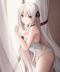 Rule 34 | 1girl, blush, breasts, choker, cross, cross necklace, girls&#039; frontline, hair ribbon, halterneck, highres, jewelry, kar98k (girls&#039; frontline), keenh, large breasts, long hair, looking at viewer, necklace, panties, red eyes, ribbon, ring, shirt, silver hair, simple background, solo, tight clothes, underwear, underwear only, wedding ring, white panties, white shirt
