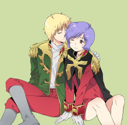 Rule 34 | 2boys, arm support, blonde hair, blush, boots, borrowed clothes, bottomless, brown eyes, char aznable, closed eyes, closed mouth, couple, crossed legs, epaulettes, feet out of frame, garma zabi, gloves, green background, grey footwear, gundam, high collar, jacket, long sleeves, looking at another, male focus, military uniform, mobile suit gundam, multiple boys, one eye closed, open clothes, open jacket, p.kibi, pants, purple hair, red jacket, red pants, shirt, short hair, simple background, sitting, smile, undershirt, uniform, white gloves, white shirt, yaoi