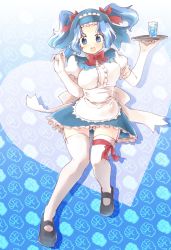 Rule 34 | 1girl, alternate hairstyle, bad id, bad pixiv id, blue eyes, blue hair, clenched hand, female focus, full body, glass, gradient background, hairband, heart, kumoi ichirin, legs, mary janes, matching hair/eyes, naka akira, panties, shoes, solo, thighhighs, touhou, tray, twintails, underwear, waitress, white thighhighs
