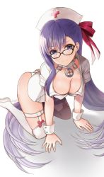 Rule 34 | 1girl, all fours, ass, bb (bb shot!) (fate), bb (fate), blush, boots, breasts, choker, cleavage, closed mouth, dress, fate/extra, fate/extra ccc, fate/grand order, fate (series), glasses, hair between eyes, hair ribbon, hat, large breasts, leaning forward, long hair, looking at viewer, nurse, nurse cap, purple eyes, purple hair, red ribbon, ribbon, seiru (prairie), short dress, simple background, smile, solo, thigh boots, thighhighs, very long hair, white background, white dress, white footwear, wrist cuffs