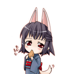 Rule 34 | 1girl, animal ears, black hair, blush, chibi, chibi only, eating, fox ears, hasaha, japanese clothes, kimono, non-web source, pointy ears, red eyes, short hair, simple background, solo, summon night, summon night 2, tail, white background