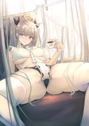 Rule 34 | 1girl, absurdres, animal ears, azur lane, bare shoulders, bindong, black panties, black ribbon, blush, breasts, breasts apart, cameltoe, cat ears, chinese commentary, closed mouth, coffee, coffee cup, collarbone, covered erect nipples, cup, curtains, day, disposable cup, earrings, eyelashes, fake animal ears, formidable (azur lane), gluteal fold, grey hair, hair between eyes, hair ribbon, hairband, half-closed eyes, hand up, highres, holding, holding cup, huge filesize, indoors, jewelry, large breasts, long hair, looking at viewer, lying, on back, panties, red eyes, ribbon, ribbon-trimmed collar, ribbon trim, sidelocks, skindentation, solo, spread legs, strap gap, stud earrings, thighhighs, thong, twintails, underboob, underwear, very long hair, white thighhighs, window, wrist cuffs, yusha m