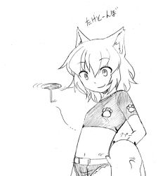 Rule 34 | 1girl, animal ears, bamboo copter, camel (dansen), flat chest, lowres, midriff, monochrome, navel, puki (creature), sachiho, smile