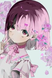 Rule 34 | 1girl, black eyes, blush, bob cut, choker, closed mouth, earrings, falling petals, flower, flower earrings, grey shirt, hair between eyes, hair flower, hair ornament, hairclip, heart, highres, jewelry, looking at viewer, medium hair, neck ribbon, original, petals, pink choker, pink ribbon, purple eyes, purple flower, purple hair, ribbon, ring, sailor collar, shirt, short sleeves, simple background, solo, stud earrings, toasu, two-tone eyes, v, white background, white sailor collar