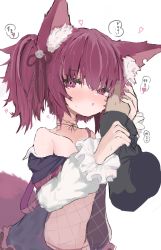 Rule 34 | 1girl, 1other, animal ear fluff, animal ears, arknights, bare shoulders, black dress, blush, collarbone, commentary request, disembodied hand, dress, hair between eyes, highres, long sleeves, looking at viewer, nail polish, navel, nose blush, nyashiro (sgylk), off shoulder, parted lips, puffy long sleeves, puffy sleeves, purple eyes, purple nails, red hair, see-through, shamare (arknights), simple background, sweat, tail, translation request, twintails, white background