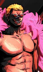 Rule 34 | 1boy, :q, abs, bare pectorals, blonde hair, coat, donquixote doflamingo, feather coat, large pectorals, male focus, muscular, muscular male, one piece, open clothes, pectorals, pink coat, shirt, short hair, smile, solo, sunglasses, tako (tako yaki111), tongue, tongue out, upper body, white-framed eyewear