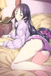 Rule 34 | 1girl, ass, bad id, bad pixiv id, bed, breasts, commentary request, dolphin shorts, fate/grand order, fate (series), large breasts, long hair, looking at viewer, micro shorts, minamoto no raikou (fate), on bed, panties under shorts, purple eyes, purple hair, ribbed sweater, shirokuma a, short shorts, shorts, sweater