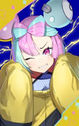 Rule 34 | 1girl, absurdres, blue background, blue hair, coat, creatures (company), electricity, game freak, grin, highres, iono (pokemon), long hair, multicolored hair, nintendo, pokemon, pokemon sv, purple eyes, purple hair, ronununn, sharp teeth, sleeves past fingers, sleeves past wrists, smile, star-shaped pupils, star (symbol), symbol-shaped pupils, teeth, two-tone hair, yellow coat