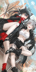 Rule 34 | 1girl, animal ears, arknights, bandeau, black footwear, black hair, black jacket, black shorts, blue sky, boots, commentary request, grey eyes, grey hair, haruri, highres, jacket, knee up, lappland (arknights), long hair, long sleeves, midriff, navel, open clothes, open jacket, oripathy lesion (arknights), red shirt, shirt, short shorts, shorts, sky, solo, stomach, strapless, texas (arknights), texas (willpower) (arknights), thigh strap, thighs, tube top, wolf ears, yellow eyes