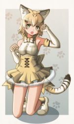 Rule 34 | 10s, 1girl, :o, animal ears, bare shoulders, belt, blonde hair, bow, bowtie, buttons, cat ears, cat tail, commentary, elbow gloves, extra ears, full body, gloves, gon8 (rm1124), high-waist skirt, highres, kemono friends, looking at viewer, paw pose, paw print, print gloves, print skirt, sand cat (kemono friends), sand cat print, shadow, shirt, skirt, sleeveless, sleeveless shirt, solo, tail, yellow eyes
