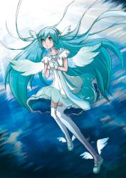 Rule 34 | 1girl, :o, absurdres, bad id, bad pixiv id, blue footwear, blue hair, gloves, green eyes, hatsune miku, highres, long hair, project diva, project diva (series), shoes, thighhighs, vocaloid, white gloves, white thighhighs, winged footwear, wings