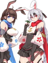 Rule 34 | 2girls, ahoge, aircraft, airplane, anchor symbol, animal ears, azur lane, bandana, black gloves, blue eyes, blue scarf, braid, braided ponytail, breasts, brown hair, cherry blossom print, chikuma (azur lane), commentary request, cowboy shot, detached sleeves, fingerless gloves, floral print, gloves, hand on own arm, highres, holding, holding weapon, large breasts, long hair, marshall k, multiple girls, pleated skirt, rabbit ears, red eyes, red scarf, scarf, seaplane, short hair, side braid, silver hair, single braid, skirt, small breasts, tone (azur lane), twin braids, weapon, white background