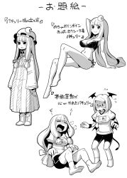 Rule 34 | 2girls, alternate costume, arm up, barefoot, blush, boots, bra, breasts, cleavage, closed eyes, crescent, crescent pin, demon tail, demon wings, exhausted, greyscale, gym uniform, hair ribbon, hat, head wings, heavy breathing, koakuma, large breasts, long hair, looking at another, looking at viewer, maru-sun, medium breasts, midriff, mob cap, monochrome, multiple girls, multiple persona, name tag, navel, open mouth, pajamas, panties, patchouli knowledge, ribbon, robe, shorts, side-tie panties, simple background, sitting, socks, standing, sweatdrop, tail, touhou, tress ribbon, underwear, underwear only, wavy mouth, white background, wings, worried