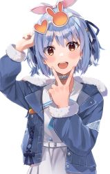 Rule 34 | 1girl, :d, absurdres, animal ears, arm up, blue hair, blue jacket, blue ribbon, blush, brown eyes, choker, commentary request, dress, fur-trimmed jacket, fur-trimmed sleeves, fur trim, hair ribbon, hand up, haru yu, heart, heart-shaped eyewear, highres, hololive, jacket, long sleeves, looking at viewer, open clothes, open jacket, open mouth, orange-tinted eyewear, puffy long sleeves, puffy sleeves, rabbit ears, ribbon, short eyebrows, short hair, simple background, smile, solo, teeth, thick eyebrows, tinted eyewear, two side up, upper teeth only, usada pekora, usada pekora (casual), v over mouth, virtual youtuber, white-framed eyewear, white background, white choker, white dress