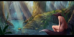 Rule 34 | 1girl, animal ears, black hair, dimples of venus, forest, fox ears, fox tail, highres, kate-fox, katrin fox, kitsune, letterboxed, light rays, long hair, nature, nude, original, pond, signature, sitting, solo focus, sunbeam, sunlight, tail, water, wet, when you see it