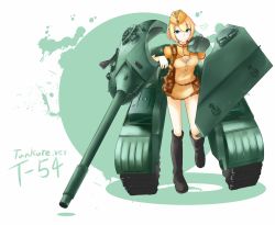 Rule 34 | 1girl, appetizer (gray), armor, artist name, bad id, bad pixiv id, blonde hair, blue eyes, boots, cannon, caterpillar tracks, character name, dated, garrison cap, hammer and sickle, hat, highres, mecha musume, military, military vehicle, motor vehicle, original, personification, short hair, skirt, solo, t-54 (soviet), tank, turret, vehicle