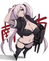 Rule 34 | 10s, 1girl, abyssal ship, black footwear, black thighhighs, boots, bra, breasts, cleavage, grey hair, hair over one eye, hand on own head, jacket, kantai collection, large breasts, long hair, minarai, navel, panties, red eyes, solo, southern ocean oni, thigh boots, thighhighs, twintails, underwear, very long hair