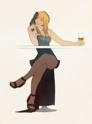 Rule 34 | 1girl, aya brea, bare shoulders, black dress, blonde hair, blue eyes, breasts, cleavage, cup, dress, drinking glass, gun, handgun, high heels, large breasts, legs, crossed legs, long hair, no bra, open clothes, open dress, parasite eve, solo, thighs, weapon, wine glass