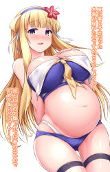 Rule 34 | 1girl, big belly, bikini, blonde hair, blue bikini, blue hairband, blunt bangs, blush, breasts, bridal garter, cleavage, commentary request, fletcher (kancolle), flower, hair flower, hair ornament, hair ribbon, hairband, highres, kantai collection, large breasts, long hair, looking at viewer, mizunoe kotaru, navel, open mouth, pregnant, purple eyes, ribbon, simple background, solo, swimsuit, translation request, white background, white ribbon