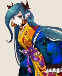 Rule 34 | 00s, 1girl, blue eyes, blue hair, choker, dress, earrings, emdo (norabbit), frills, gankutsuou, hair ornament, haydee (gankutsuou), japanese clothes, jewelry, kimono, matching hair/eyes, pale skin, pointy ears, simple background, solo, twintails, unmoving pattern