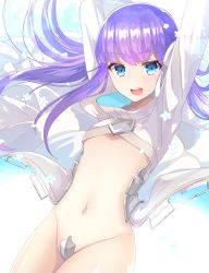 Rule 34 | 10s, 1girl, :d, absurdres, arms up, blush, chabashira (otya), coat, cowboy shot, crotch plate, fate/extra, fate/extra ccc, fate (series), flat chest, flower, glowing, groin, highres, long hair, long sleeves, looking at viewer, maebari, meltryllis (fate), meltryllis (third ascension) (fate), navel, open clothes, open coat, open mouth, petals, purple hair, revealing clothes, round teeth, shiny skin, smile, solo, standing, stomach, tareme, teeth, thighs, v-shaped eyebrows, very long hair, white background, white coat