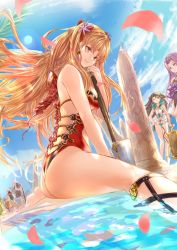 Rule 34 | 2boys, 4girls, ass, bare shoulders, beach, blonde hair, blue sky, blush, breasts, day, earrings, ereshkigal (fate), fate/grand order, fate/stay night, fate (series), gilgamesh, gilgamesh (caster) (fate), gilgamesh (fate), highres, ishtar (fate), jewelry, long hair, looking at viewer, medium breasts, medusa (fate), medusa (lancer) (fate), medusa (rider) (fate), merlin (fate), multiple boys, multiple girls, one-piece swimsuit, outdoors, parted bangs, petals, red one-piece swimsuit, rider, siduri (fate), sky, smile, swimsuit, thighs, two side up, very long hair, water, yatsuka (846)