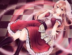 Rule 34 | 1girl, alc, alc (ex2 lv), bad id, bad pixiv id, belt, blonde hair, checkered floor, collarbone, dress, floor, highres, kneehighs, lace, looking at viewer, lying, open mouth, original, outstretched hand, red eyes, socks, solo