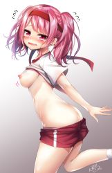 Rule 34 | 1girl, ass, bad id, bad pixiv id, bang dream!, blush, bra, bra lift, breasts, brown background, flying sweatdrops, gradient background, gym shirt, gym shorts, gym uniform, hairband, highres, looking at viewer, looking to the side, maruyama aya, medium breasts, nipples, open mouth, panties, panty pull, pink bra, pink hair, pink panties, purple eyes, ramchi, red hairband, red shorts, shirt, short shorts, short sleeves, shorts, signature, socks, solo, standing, standing on one leg, tears, twintails, underwear, white background, white shirt, white socks