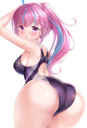 Rule 34 | 1girl, arm up, ass, blue hair, blush, braid, breasts, commentary request, competition swimsuit, french braid, hair between eyes, hololive, looking at viewer, looking back, medium breasts, minato aqua, multicolored hair, nikoo, one-piece swimsuit, open mouth, pink hair, ponytail, sidelocks, simple background, solo, streaked hair, swimsuit, two-tone hair, virtual youtuber, white background