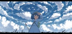 Rule 34 | 1girl, backpack, bag, blue eyes, blue hair, blue sky, blunt bangs, cattail, cloud, cloudy sky, day, dress, dress shirt, grass, hair bobbles, hair ornament, hand to forehead, hand to head, hand up, hat, highres, kawashiro nitori, key, letterboxed, long sleeves, matching hair/eyes, monosenbei, plant, pocket, shading eyes, shirt, short hair, skirt, skirt set, sky, smile, solo, touhou, two side up