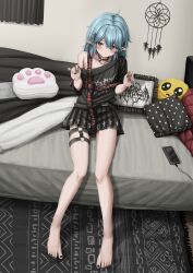 Rule 34 | 1girl, absurdres, barefoot, bed, black skirt, black sweater, blue hair, cellphone, charger, collar, cushion, elf, feet, goth fashion, highres, indoors, light blue hair, lobsteranian, looking at viewer, medium hair, miniskirt, on bed, orange eyes, original, paw print, phone, pointy ears, sitting, skirt, smartphone, solo, sweater