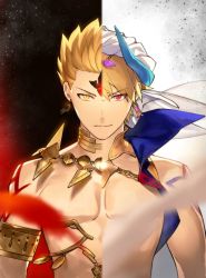 Rule 34 | 1boy, arabian clothes, blonde hair, commentary request, earrings, fate/grand order, fate/stay night, fate/zero, fate (series), gilgamesh, gilgamesh (caster) (fate), gilgamesh (fate), ginka sima, hair between eyes, highres, jewelry, looking at viewer, male focus, red eyes, short hair, smile