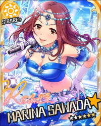 Rule 34 | 10s, bikini, blush, breasts, brown eyes, brown hair, card (medium), character name, cleavage, gloves, headdress, idolmaster, idolmaster cinderella girls, jewelry, long hair, microphone, midriff, music, navel, sawada marina, singing, smile, star (symbol), swimsuit, winter